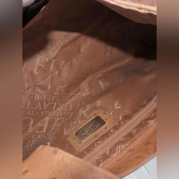 Furla Ostrich Embossed Leather Large Hobo Shoulder Bag Tan Italy - Picture 9 of 9